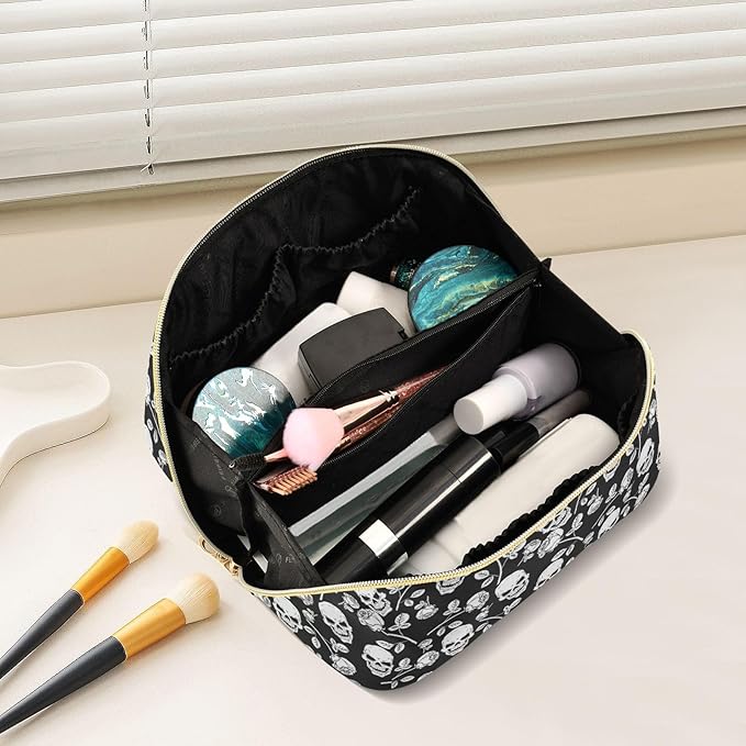 MNSRUU Makeup Organizer Bag, Skull with Rose Print Travel Makeup Bags Makeup Vanity Case Large Capacity Rhombus Cosmetic Toiletry Bag for Girl Women Ladies