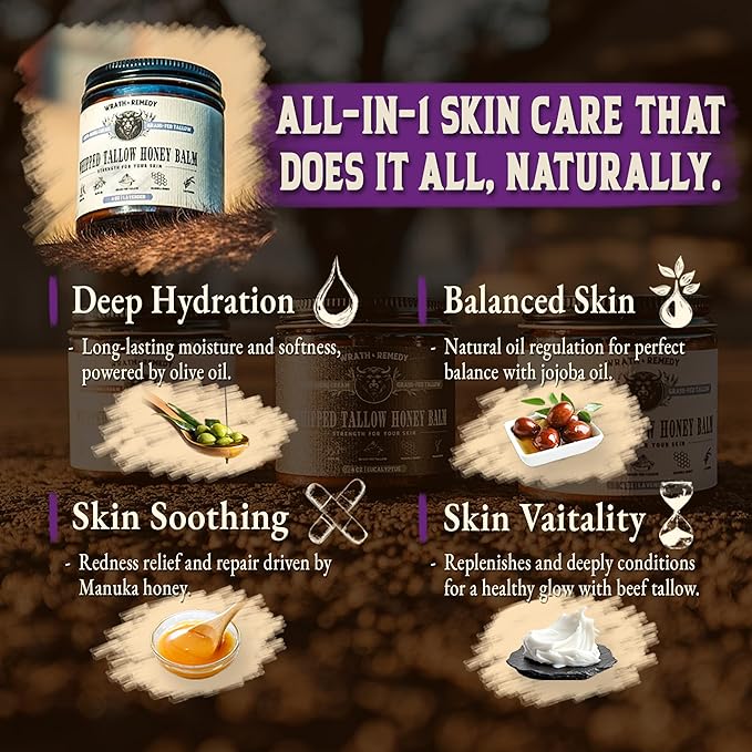 Organic Beef Tallow for Skin & Face - Whipped Honey Balm, Lavender (4 OZ)