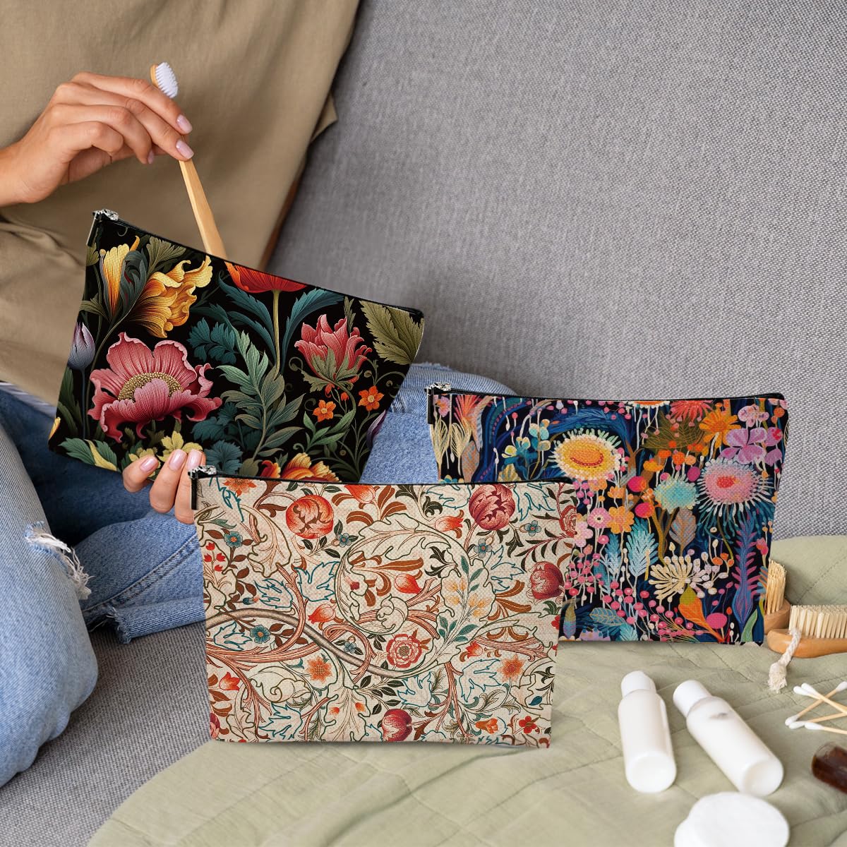 3pcs Colorful Flower Makeup Bag, Abstract Botanical Flower Cosmetic Bag, Christmas Wedding Anniversary Birthday Friendship Gifts for Women Girls Best Friends Sister Bestie Grandma Travel Toiletry Bag
