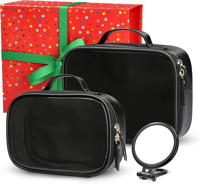 Clear Makeup Bag Set, Travel Cosmetic Bags with Transparent TPU Front, 3PCS (Large & Small Pouches + Compact Mirror), Saffiano PU Leather Toiletry Organizer for Women, Black