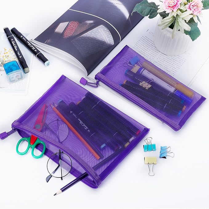 Sinzip 12 Pieces Zipper Nylon Mesh Pouch, Mesh Cosmetic Bags Makeup Bags Pencil Case, Multipurpose Travel Bags for Cosmetic School Office Supplies and Travel Accessories (Purple, A5)