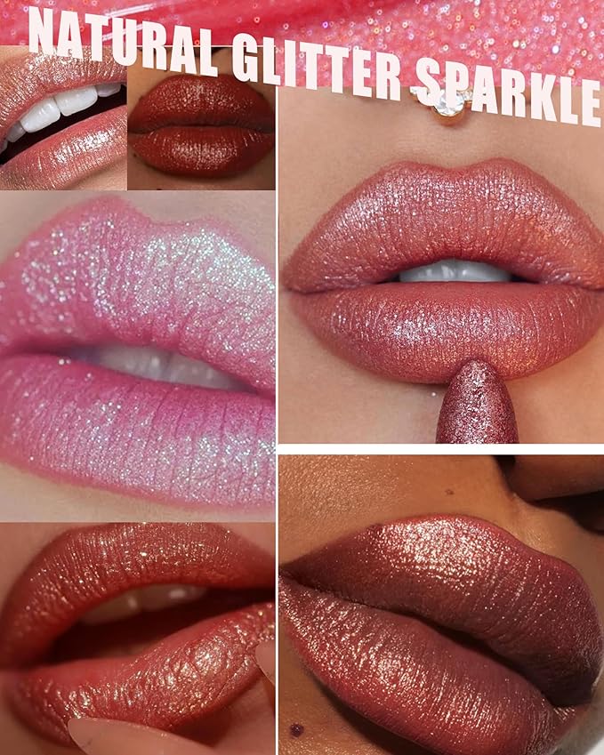 Metallic Glitter Lipstick Set Long Lasting,3 Pcs Diamond Shimmer Lip Gloss Nude Pink Rose Pink Red Matte Lip Stick for Women,Sparkling Shiny Transfer Proof Non Stick Tinted Lip Balm Color Makeup-Set B