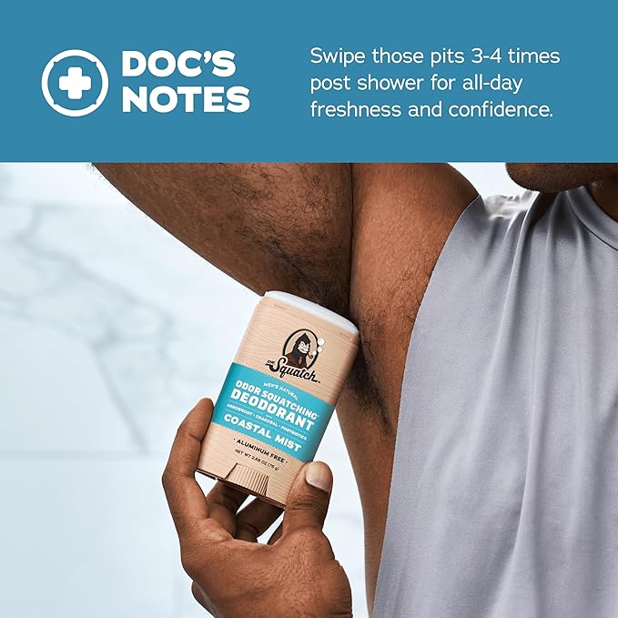 Dr. Squatch Natural Men’s Deodorant – Aluminum Free Natural Deodorant Men with Charcoal & Postbiotics for 72-Hour Odor Protection – Coastal Mist, 2.65oz Stick (3-Pack)