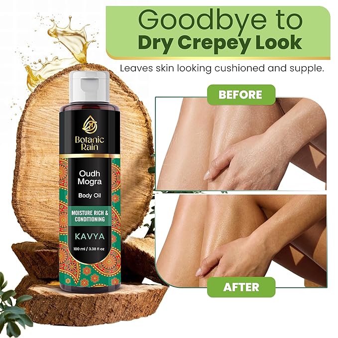 Botanic Rain Ayurveda Body Oil for Dry & Crepey Skin – Non-Greasy After Shower Lightweight Moisturizer with Oudh & Mogra, 3.38 fl oz (1, Mogra)