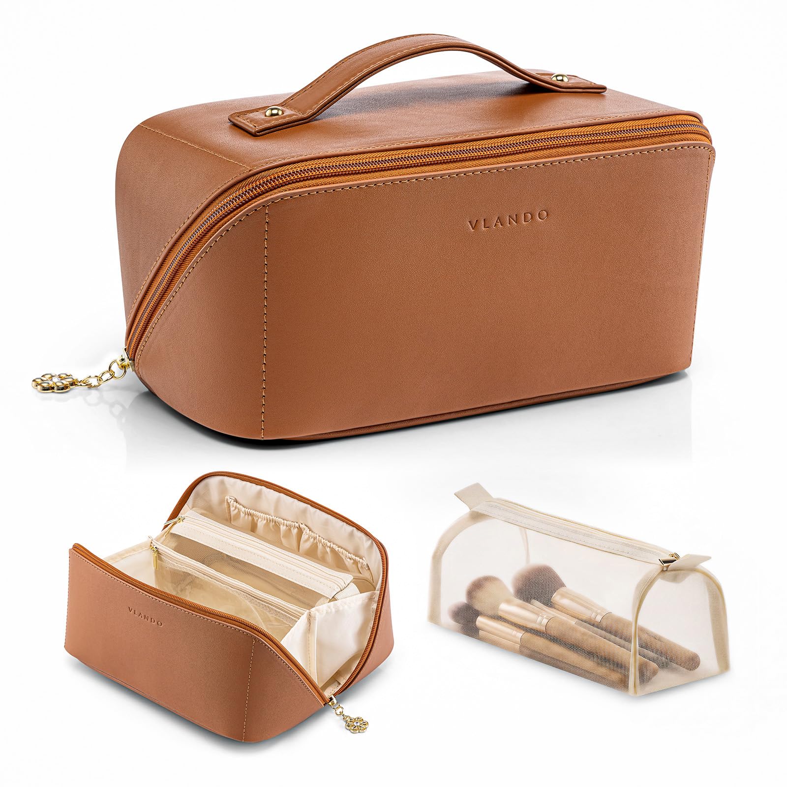VLANDO Makeup Bag for Women with Open Flat Layout,Zipped TPU Pocket,Brown