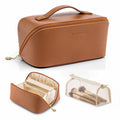 VLANDO Makeup Bag for Women with Open Flat Layout,Zipped TPU Pocket,Brown