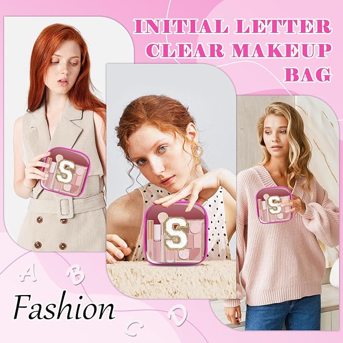 Personalized Initial Letter Clear Preppy Makeup Bag,Mini Nylon Chenille Letter Cosmetic Bag Cute Zipper Pouch Coin Purse for Teen Girls,Portable TSA Approved Travel Essentials Bag Gift for Women,S