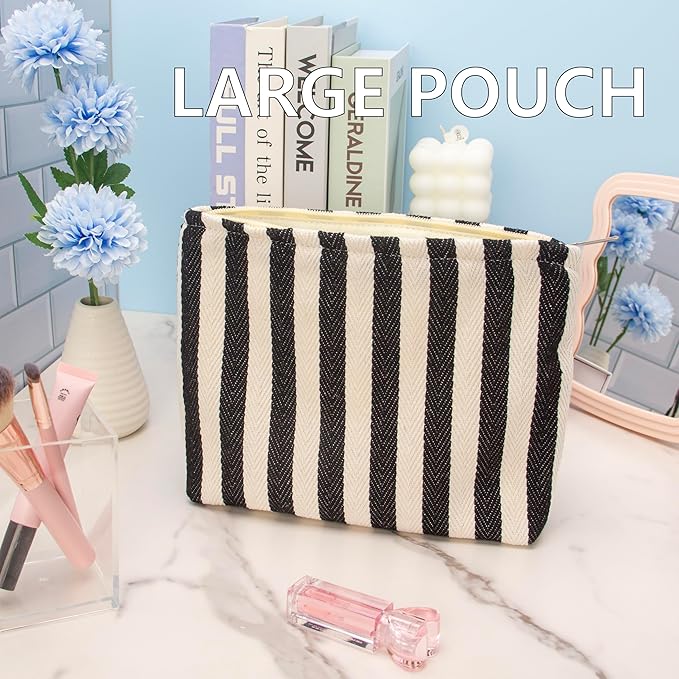 Flat Makeup Bag for Women,Zipper Cosmetic Pouch Purse,Stripe Black White