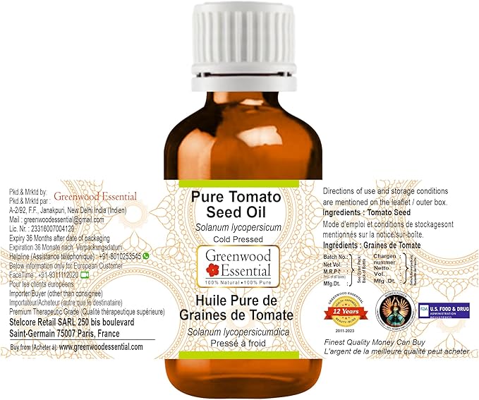 Greenwood Essential Tomato Seed Oil (Solanum lycopersicum) | Cold Pressed | Natural | Undiluted | For Diluting Essential Oils | For Skin & Massage | Men & Women | 100ml (3.38 oz)