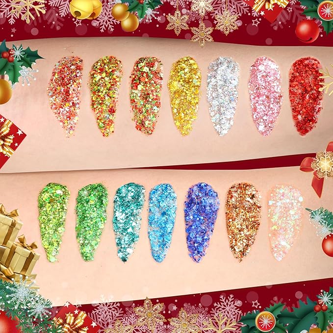 14 Colors Body Glitter,Face Glitter Makeup for Kids Women,Sparkly Chunky Hair Glitter for Eye Lip Nails,Mardi Gras Glitter Makeup Face Paint,Singer Concerts Disco Rave Festival Accessories