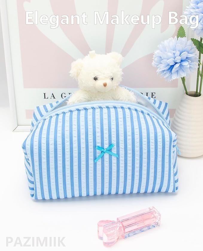 PAZIMIIK 6PCS Cozy Makeup Bag Small Aesthetic Travel Zipper Cosmetic Pouch for Women Make Up Beauty Accessories Brushes, Stripe Lake Blue
