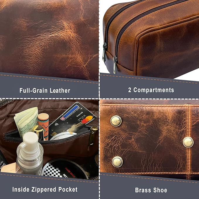 Leather Travel Toiletry Bag for Men, Full Grain Cosmetic Dopp Kit Organizer