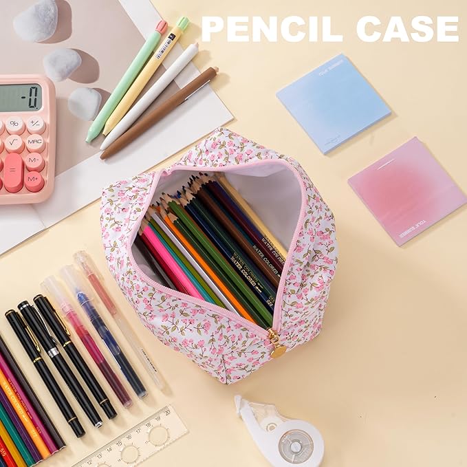 UUYUUY Makeup Bag Travel Toiletry Bag for Women, Small Cosmetic Bags Cute Quilted Cotton Makeup Pouch for Purse Emergency Bag Floral Pencil Case Accessory Bag, Pink
