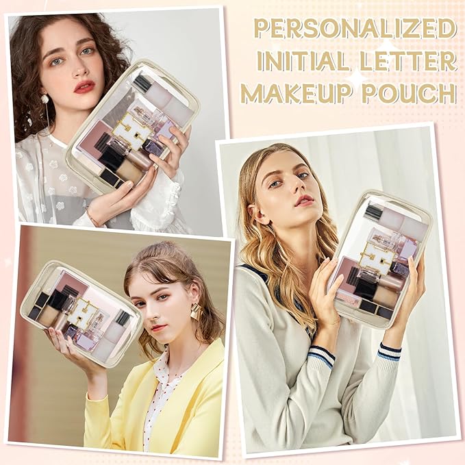 Personalized Initial Clear Makeup Bag, Travel Chenille Patch Cosmetic Bag, Preppy Toiletry Bag Monogram Cosmetic Pouch with Zipper, Ideal Gift for Teen Girls Women (Clear-Beige, H)
