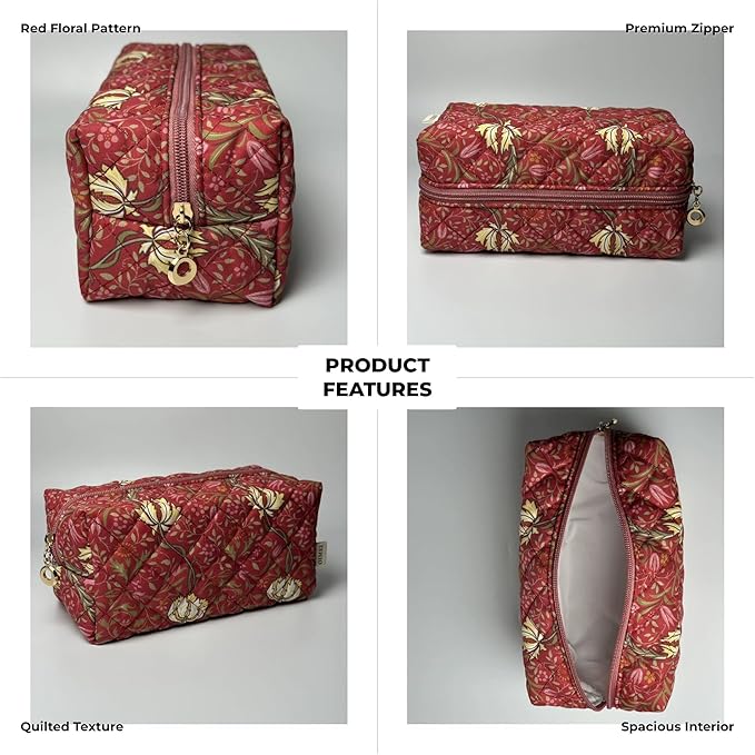 OIMEI Floral Quilted Cotton Makeup Bag for Women, Large Capacity Travel Cosmetic Pouch with Zipper, Cute Toiletry & Brush Organizer, Kawaii Makeup Storage Case – Garden Red