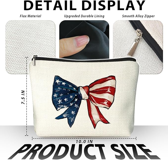 LIANGW Coquette American Flag Bow Makeup Bag, Gifts for Patriotic Women Cosmetic Bag, Preppy Red White and Blue Bow Small Toiletry Bags Zipper Makeup Pouch