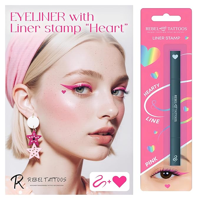 Rebel Tattoos 2-in-1 Eyeliner Stamp, Pigmented Intense Black Formula, Smudge-Budge Proof, Sweatproof, 24 Hour Stay Eyeliner Stamp Star Butterfly or Heart (Pink Heart)