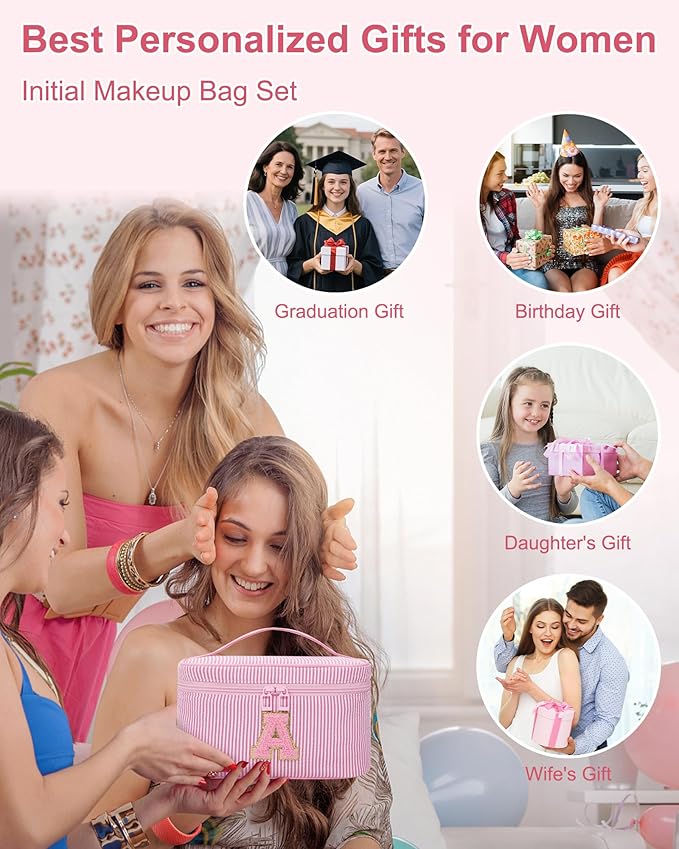 MONSTINA Initial Makeup Bag,Monogram Pouch Gifts for Teens,Personalized Cosmetic Bag for Girls&Women,Cute Letter Make Up Bag,Pink A