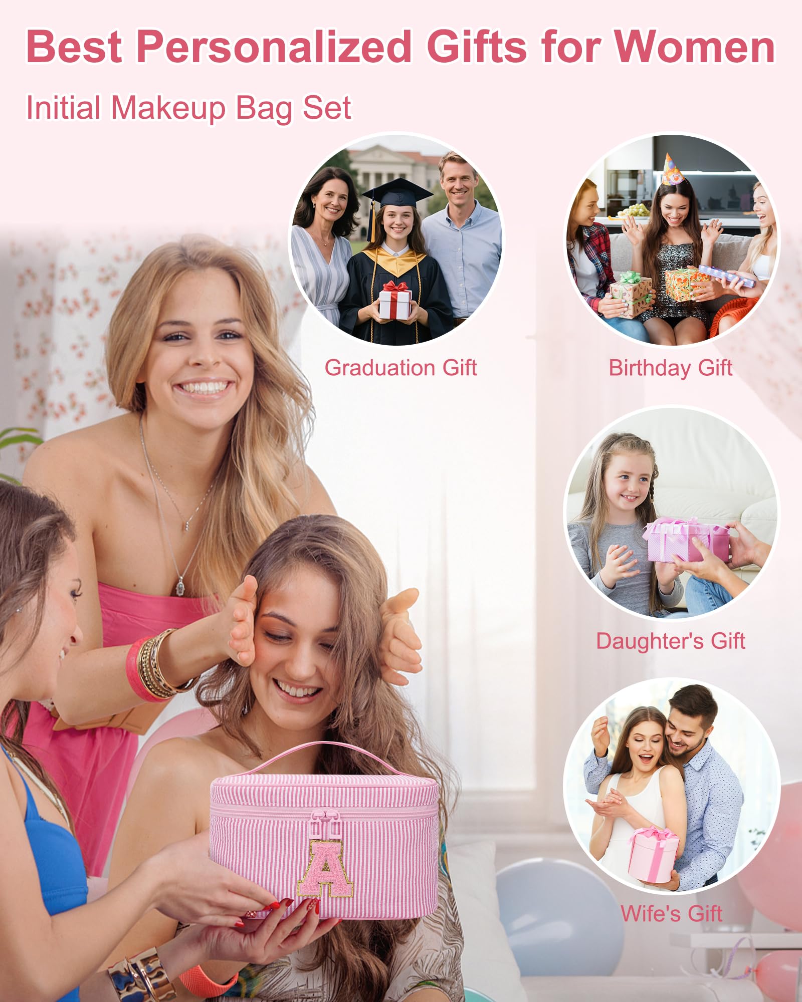 MONSTINA Personalized Initial Makeup Bag,Valentine's Gifts for Women,Make Up Case for Girlfriend Bridesmaid Wife,Birthday Gift for Her Cute Toiletry Bag,2PCS,Pink L