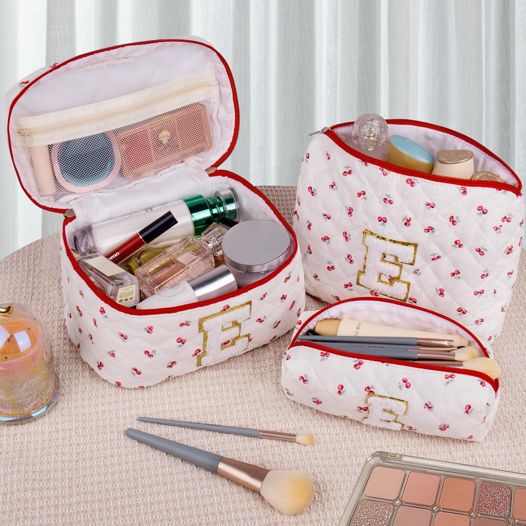 Initial Makeup Bag Set, Personalized Quilted Makeup Bag, Large Floral Cosmetic Bag for Women, Cute Cotton Custom Make up Bags, Flower Travel Toiletry Bag Teen Girl Gift Trendy Stuff Gift Red Cherry S