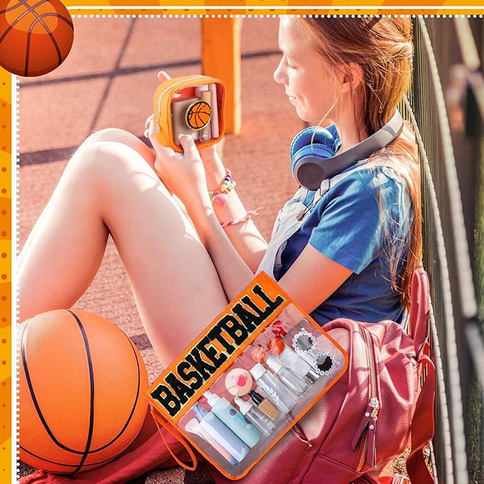 2 Pcs Basketball Gift Bag Girl Basketball Goodie Bag for Snack Treat Candy March Madnesss Clear Makeup Cosmetic Toiletry Purse Chenille Letter Zipper Pouch for Women Sport Mom Essential Accessory