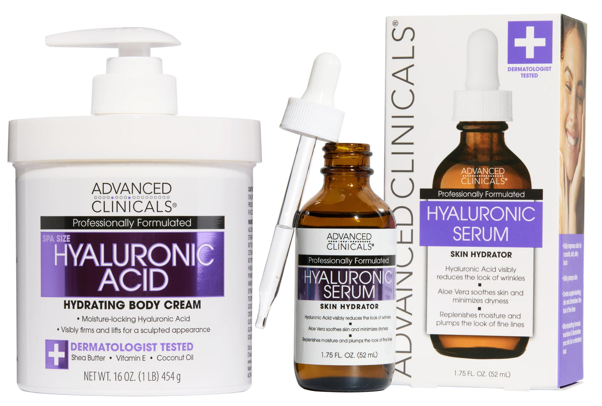 Advanced Clinicals Collagen Peptides Body Lotion + Hyaluronic Acid Moisturizer 2PC Skincare Set For Women & Men | Dry Skin Moisturizing Body Cream Helps Diminish Appearance Of Crepey Skin, 2PC Bundle