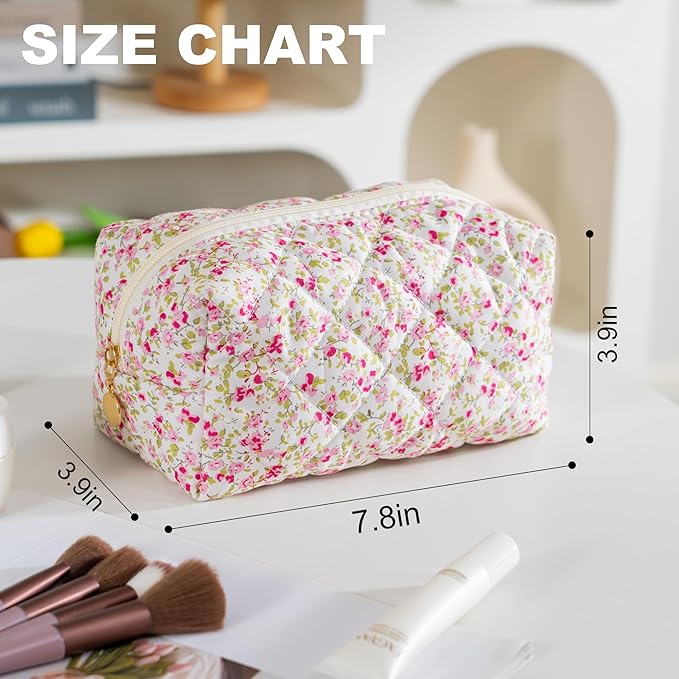 UUYUUY Makeup Bag Travel Toiletry Bag for Women, Small Floral Cosmetic Bags Cute Quilted Cotton Makeup Pouch for Purse Emergency Bag Pencil Case Accessory Bag, Spring