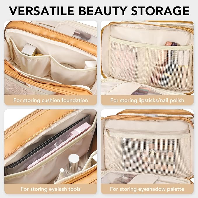 HauteHues Travel Makeup Bag Women's Large Capacity Cosmetic Portable Organizer Large Opening Waterproof Storage Toiletry Bags Vertical Free-Standing Brush Holder for Easy Access Orange