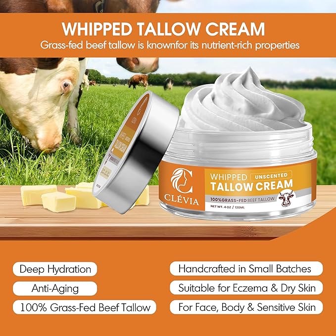 CLÉVIA 100% Grass-Fed Whipped Tallow Cream - 4 OZ Anti-Wrinkle Face and Body Balm with Jojoba Oil Non-Comedogenic - Deep Hydration for Dry, Sensitive and Irritated Skin (Unscented)