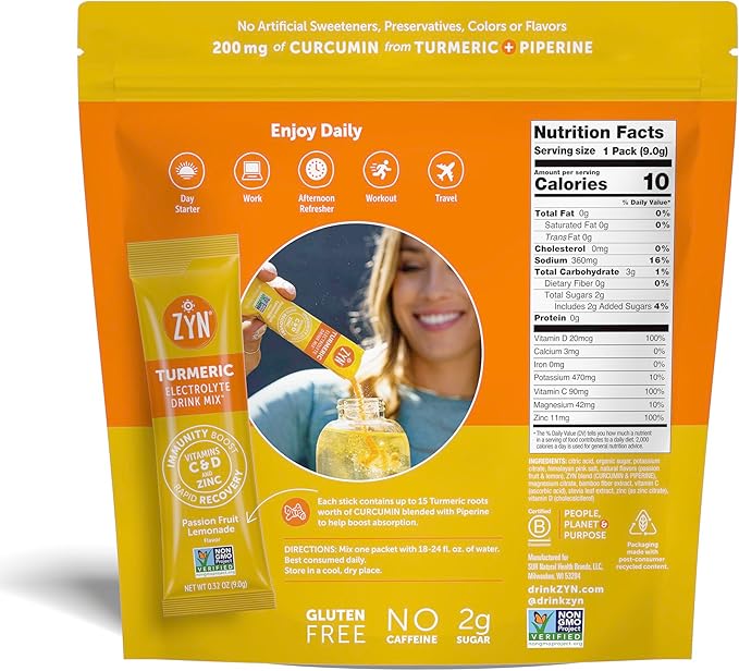 ZYN Electrolyte Drink Mix Hydration Packets, Passion Fruit Electrolytes Powder, Hydration Packets w/Turmeric Curcumin, Vitamin C & D, Zinc, Hydrate & Recover Electrolyte Powder, Pack of 16