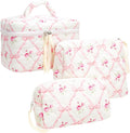 3 Piece Quilted Makeup Bag Set for Women,Cosmetic&Toiletry Bag,Bow Rose