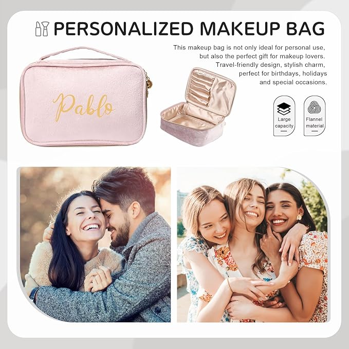 Dreamgem Personalized Name Makeup Bags - Monogrammed Gift for Women Girls Cosmetic Bag with Zipper Gift Ideal for Teen Girls Women Birthday Friend Mom (Pink)
