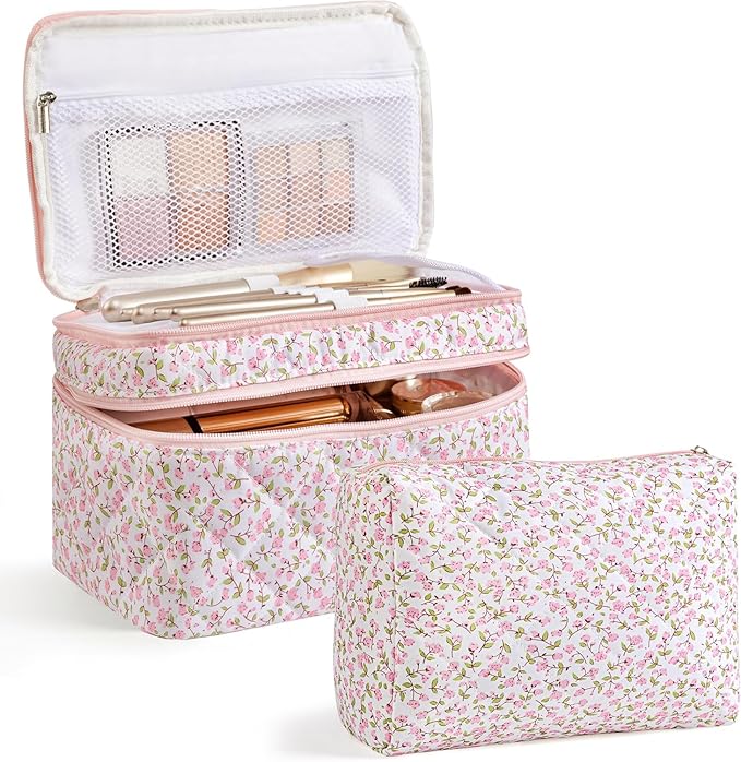 HBselect 2Pcs Travel Makeup Bag Large Quilted Cosmetic Bag Make up Bag
