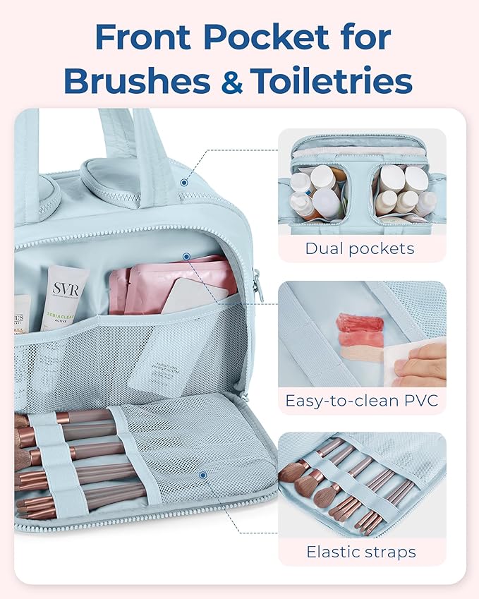 BAGSMART Travel Toiletry Bag, Crush Toiletry Bag for Women, Wide-open Puffy Toiletry Bags for Traveling, Large Travel Cosmetic Makeup Bag Organizer for Accessories,Toiletrie, Blue