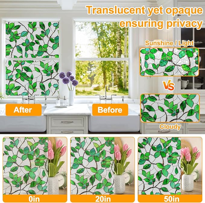QHYsunshine Window Privacy Film Stained Glass Window Film Frosted Window Film Window clings Non-Adhesive Reusable Decorative for Home Removable(Green Frosted, 35.4 X 78.7 in)