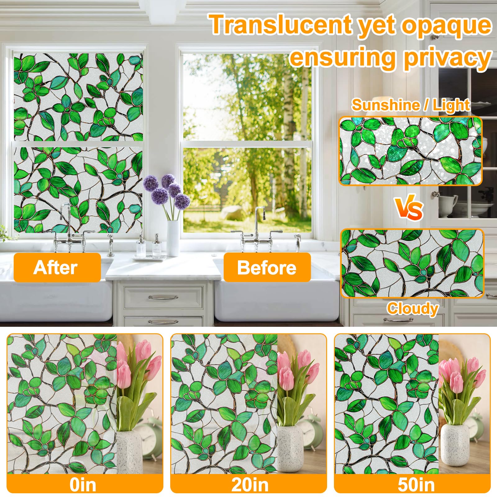 QHYsunshine Window Privacy Film Stained Glass Window Film Frosted Window Film Window clings Non-Adhesive Reusable Decorative for Home Removable(Green Frosted, 17.5 X 157.4 in)