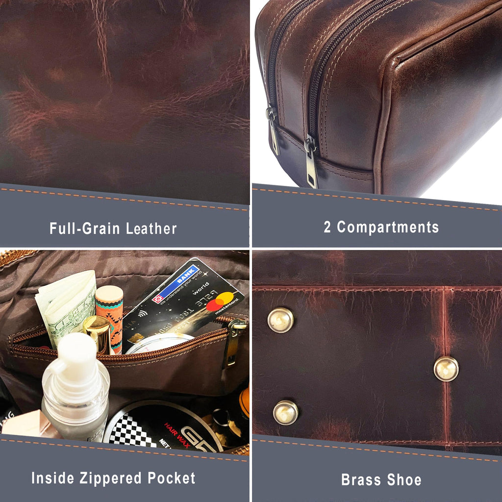 RUSTIC TOWN Leather Toiletry Bag for Men - Travel Shaving Ditty Kit - Bathroom Shower Toiletries Organizer - Leather Cosmetic Bag for Women (Walnut Brown)