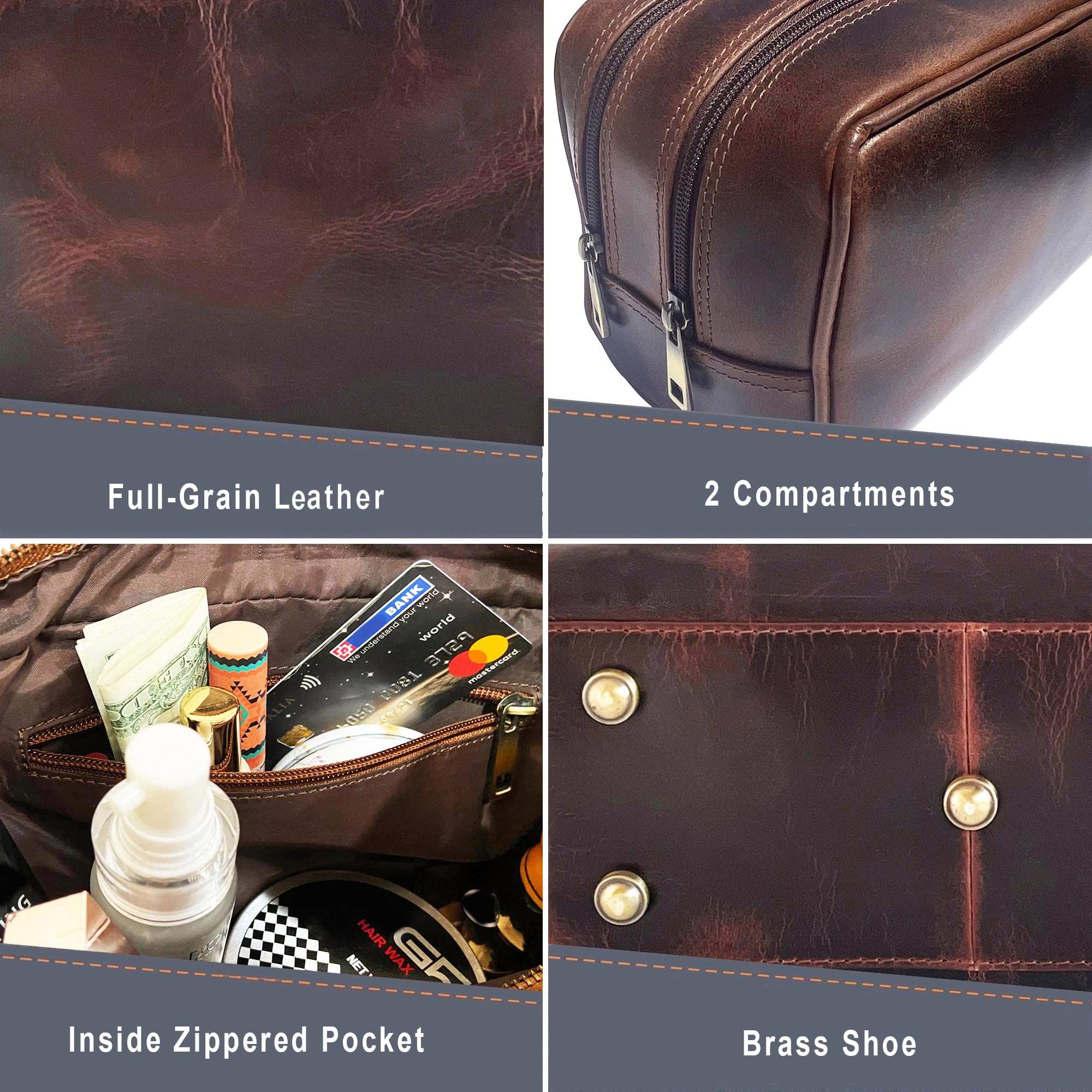 RUSTIC TOWN Leather Toiletry Bag for Men - Travel Shaving Ditty Kit - Bathroom Shower Toiletries Organizer - Leather Cosmetic Bag for Women (Walnut Brown)