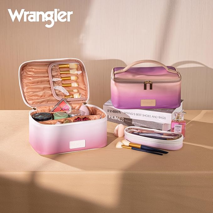 Wrangler Travel Makeup Bag 2pcs Set Cosmetic Bag with Makeup Brush Holder