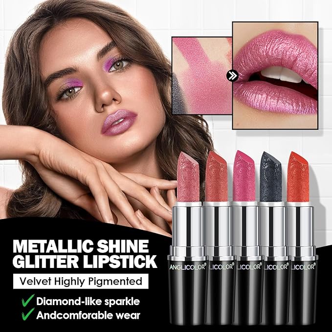 Anglicolor Glitter Metallic Pink Lipstick,High Impact Lipcolor,Lightweight Hydrating Formula Smooth and Non-Sticky,Peach Lipstick For Women,Full-Coverage Lip Makeup (02 PINK GEMSTONE, 4g)