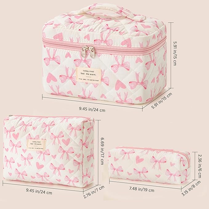 HBselect Quilted Makeup Bag, 3Pcs Cotton Large Travel Makeup Bags Organizer