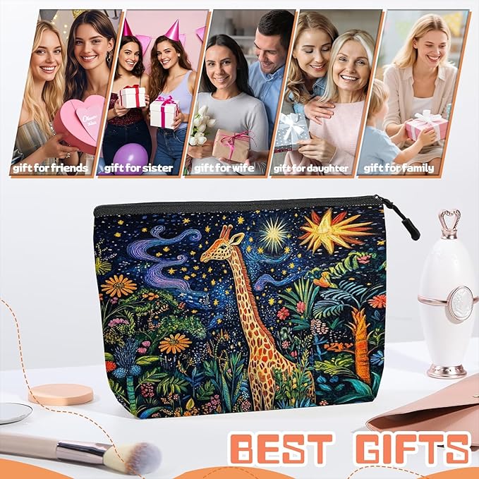 Scribesense Cosmetic Bags Travel Makeup Toilet Case Waterproof Pouch for Women Girls 6.7X9.45inches - Giraffe in A Starry Jungle in A Colorful Illustration