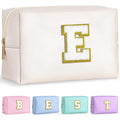 TOPEAST Travel Makeup Bag for Women - Preppy Cosmetic Bag, Personalized Initial Makeup Pouch Leather Waterproof Travel Toiletry Bag | Birthday Travel Gifts (Pearly White E)