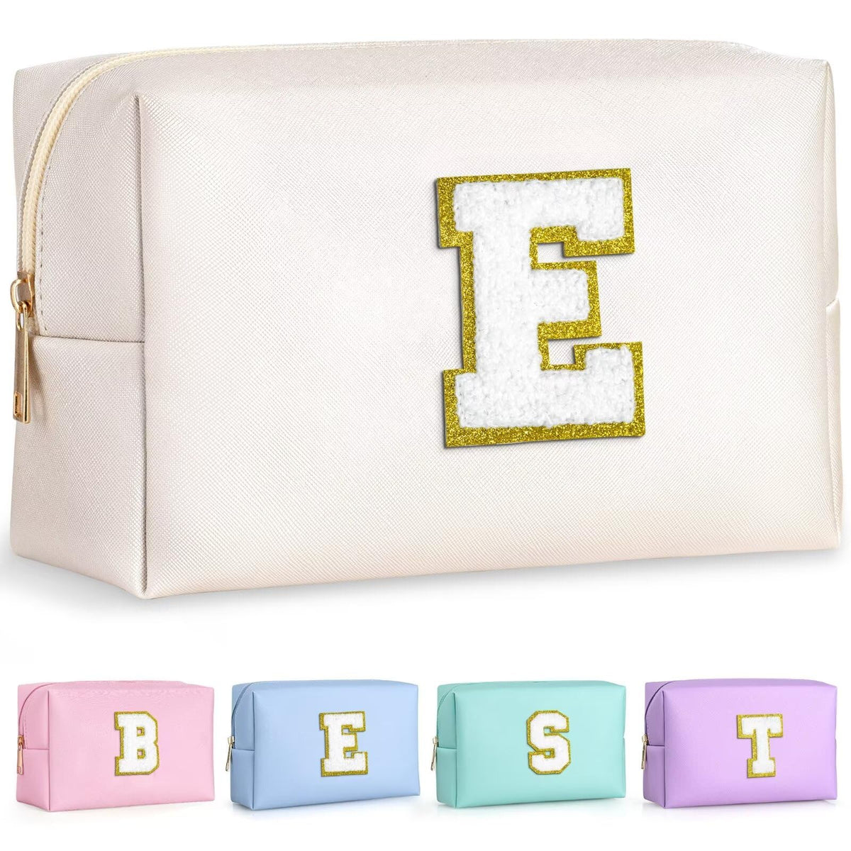 TOPEAST Travel Makeup Bag for Women - Preppy Cosmetic Bag, Personalized Initial Makeup Pouch Leather Waterproof Travel Toiletry Bag | Birthday Travel Gifts (Pearly White E)