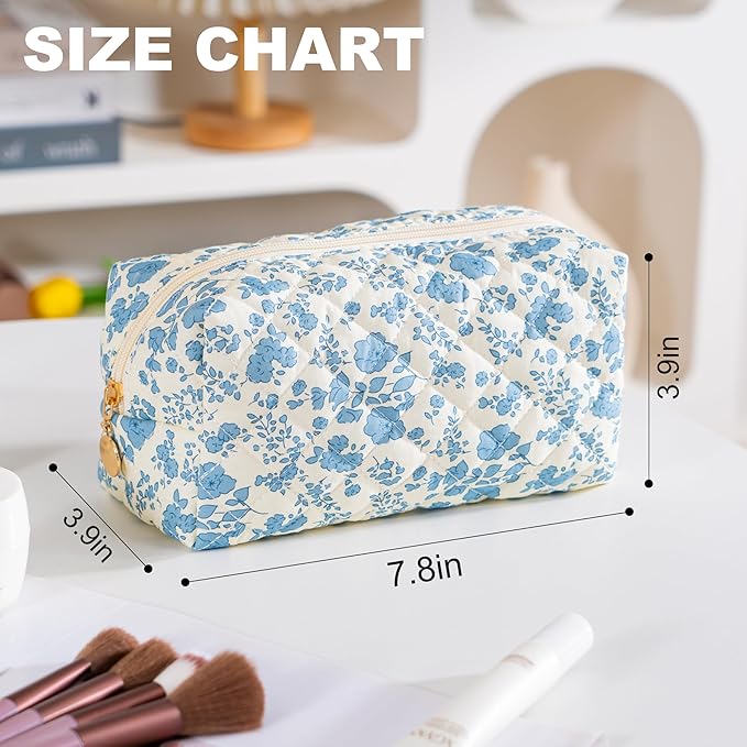 UUYUUY Makeup Bag Travel Toiletry Bag for Women, Small Cosmetic Bags Cute Quilted Cotton Makeup Pouch for Purse Emergency Bag Pencil Case Accessory Bag, Blue