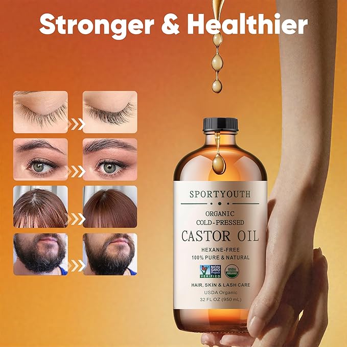 SPORTYOUTH Organic Castor Oil Cold Pressed 32oz Glass Bottle Big Volume