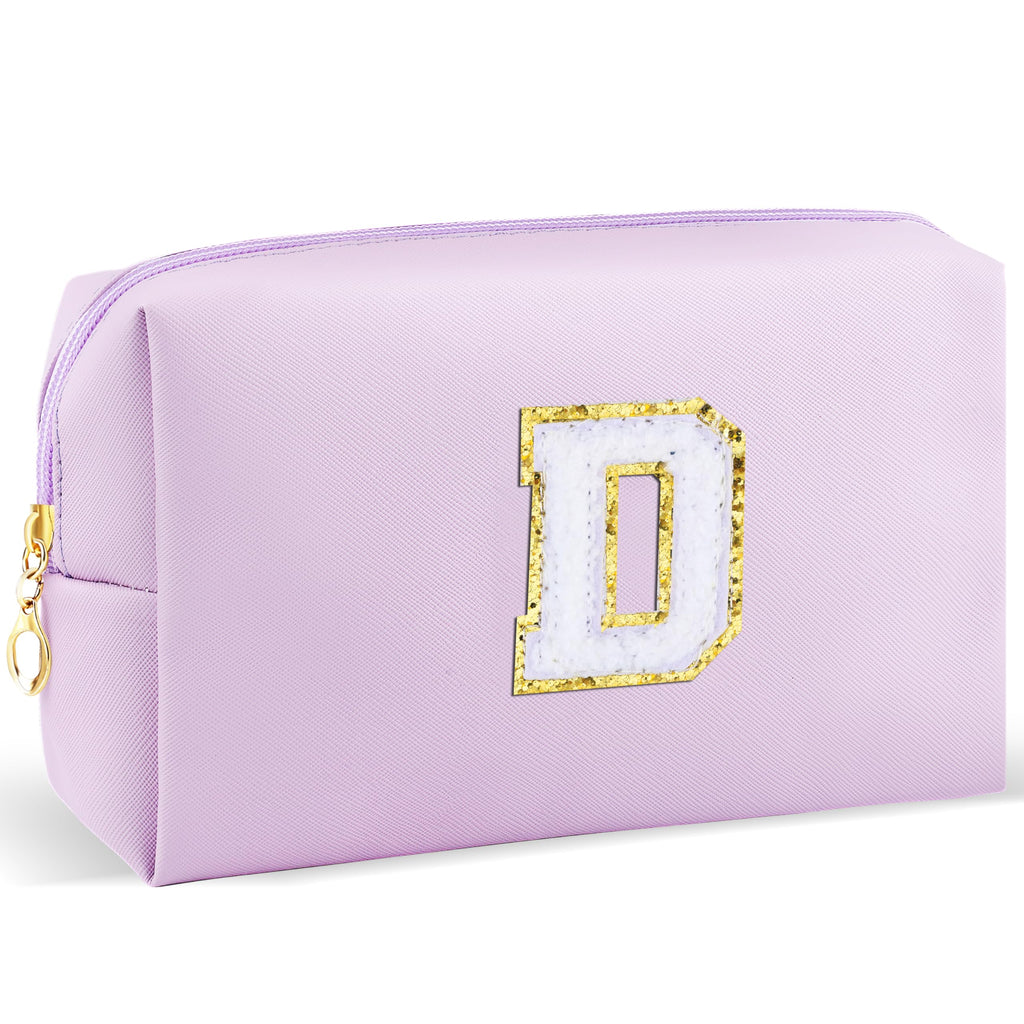 URSKYTOUS Gifts for Girls Initial Makeup Bag Personalized Cosmetic Bag with Zipper Cute Travel Toiletry Bag Waterproof PU Preppy Makeup Pouch Birthday Gift for Teen Girls Women(Purple D)