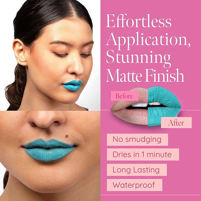 Aromi Sea Foam Matte Liquid Lipstick | Aqua, Aquamarine Lip Color for Women, Blue Green Shade (Sea Foam)