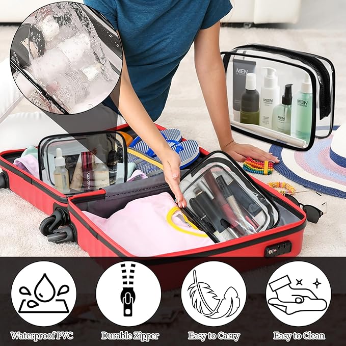YOQIVEXU 4 Packs Large Clear Cosmetic Bag, Waterproof Clear Makeup Toiletry Organizer Pouch, Reusable PVC Plastic Storage Bags with Zipper for Travel