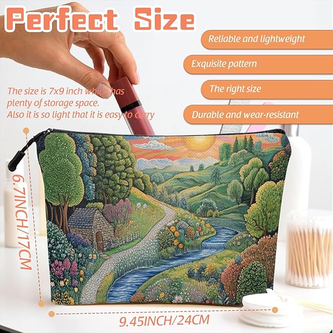 Scribesense Cosmetic Bags Travel Makeup Toilet Case Waterproof Pouch for Women Girls 6.7X9.45inches - Idyllic Country Landscape With Path And Sun